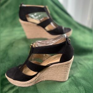 MICHAEL Michael Kors Black Canvas Espadrille Wedge Sandals